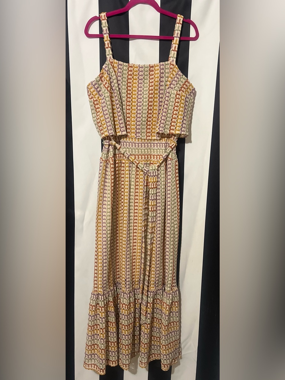 Melonie T  colorful, crochet maxi dress